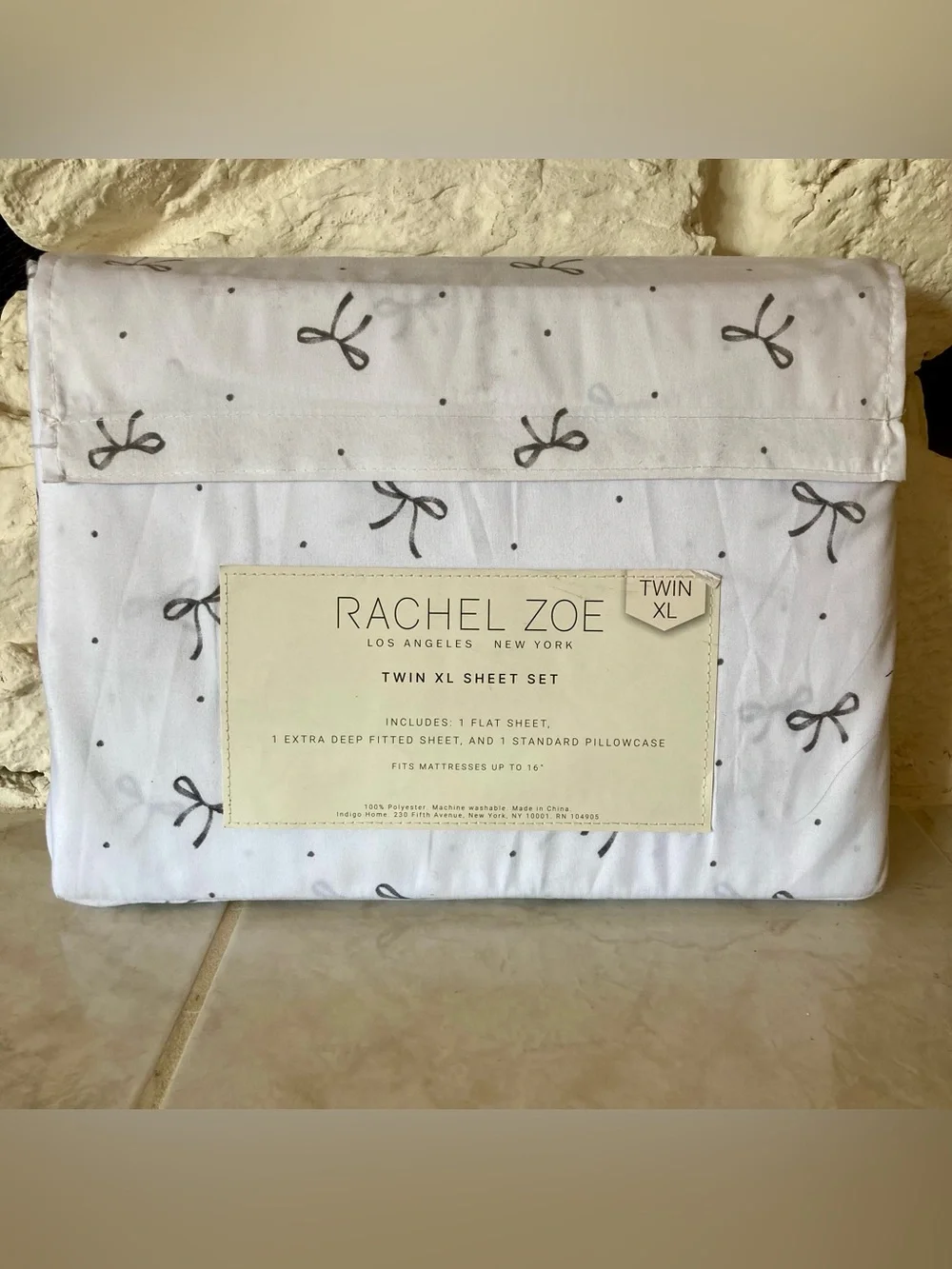 DORM READY! NEW Rachel Zoe Twin XL Sheet Set in White with Black Bow/Dot Print